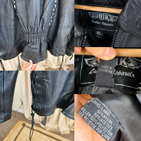 RARE Vintage UNIK Black Leather Biker Jacket with White Rose Floral Design - Picture 8 of 8